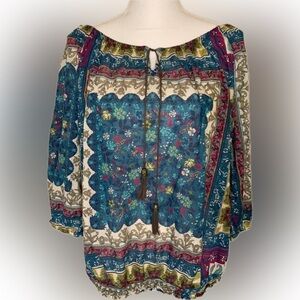 Sonoma Boho Top Blouse Floral Women XL 3/4 sleeve 100% Cotton